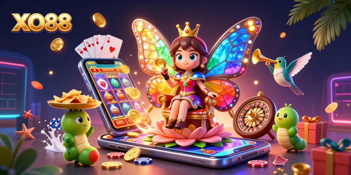 Engage in vibrant gaming with XO88; a playful scene of a butterfly queen amid casino treasures.