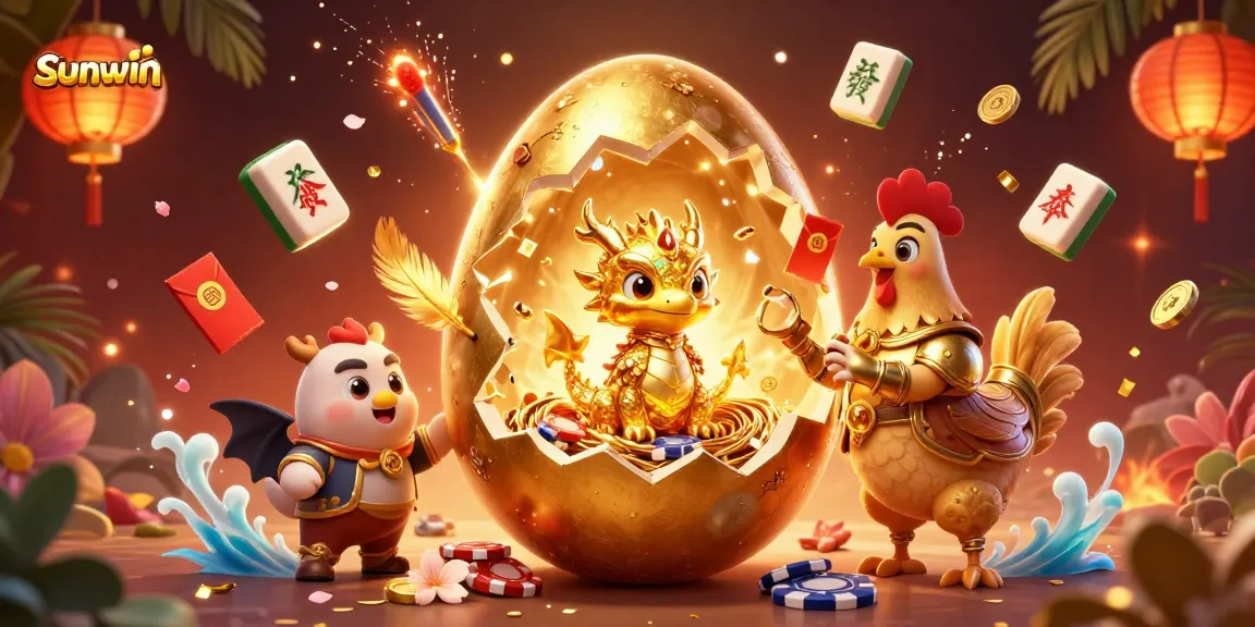 Join the excitement at sunwin with this vibrant illustration showcasing gaming elements and a golden dragon.