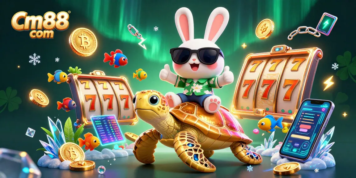 Engage with cm88 com slots as a lucky rabbit and golden turtle animate a thrilling gaming scene filled with coins and jackpots.