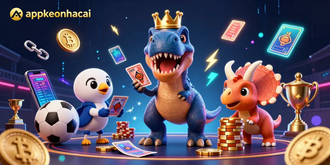 appkeonhacai T-Rex shuffles cards while baby triceratops stacks chips in a vibrant sports betting scene