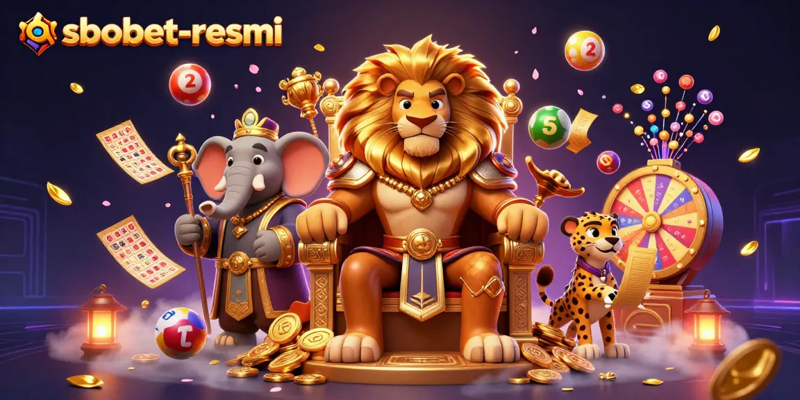 SBOBET-resmi showcases a lion king on a throne of coins, flanked by an elephant and a cheetah, surrounded by vibrant lottery elements.