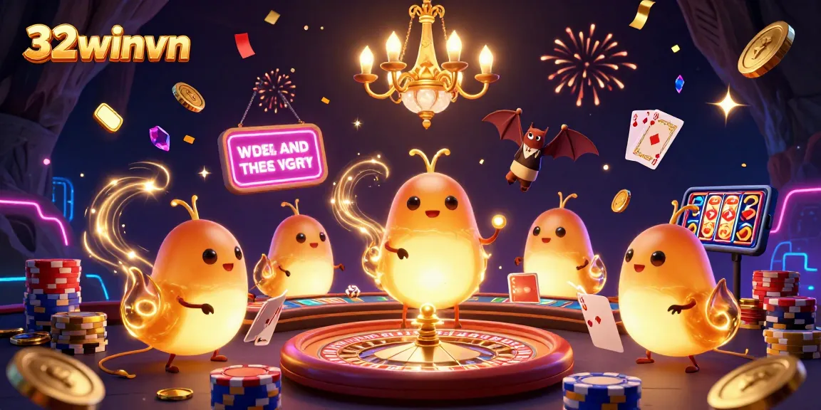 Experience the thrill of gaming at 32winvn with vibrant visuals of a cave casino full of glowing elements.