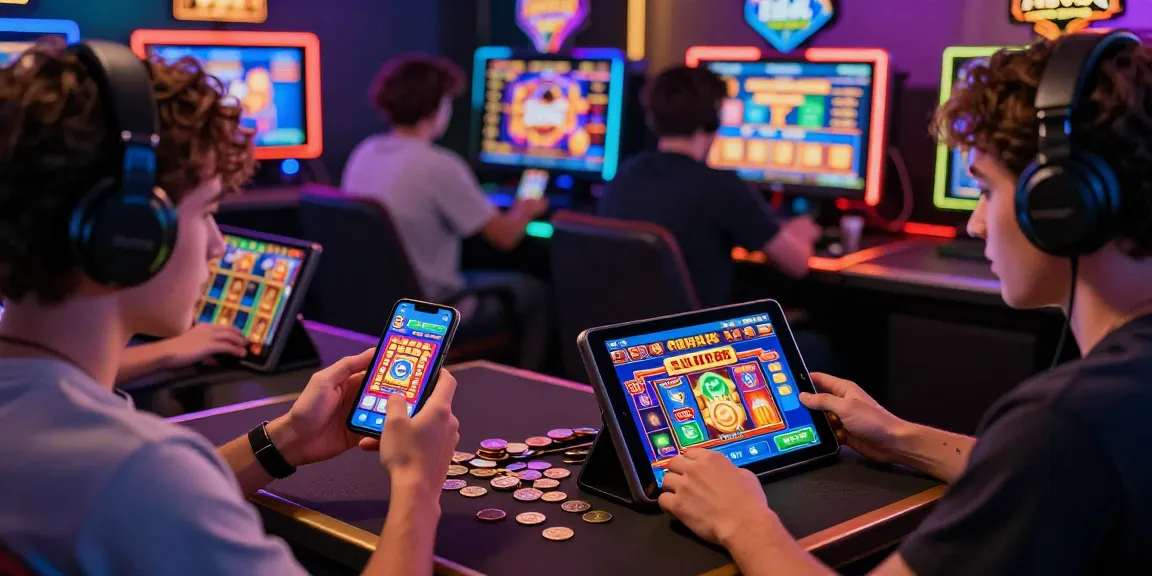 Players enjoying slot88 games on mobile devices in vibrant gaming environment.