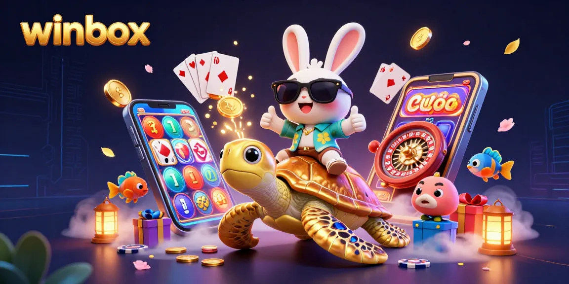 Winbox offers fun gameplay with a lucky rabbit and golden turtle in a vibrant casino scene.