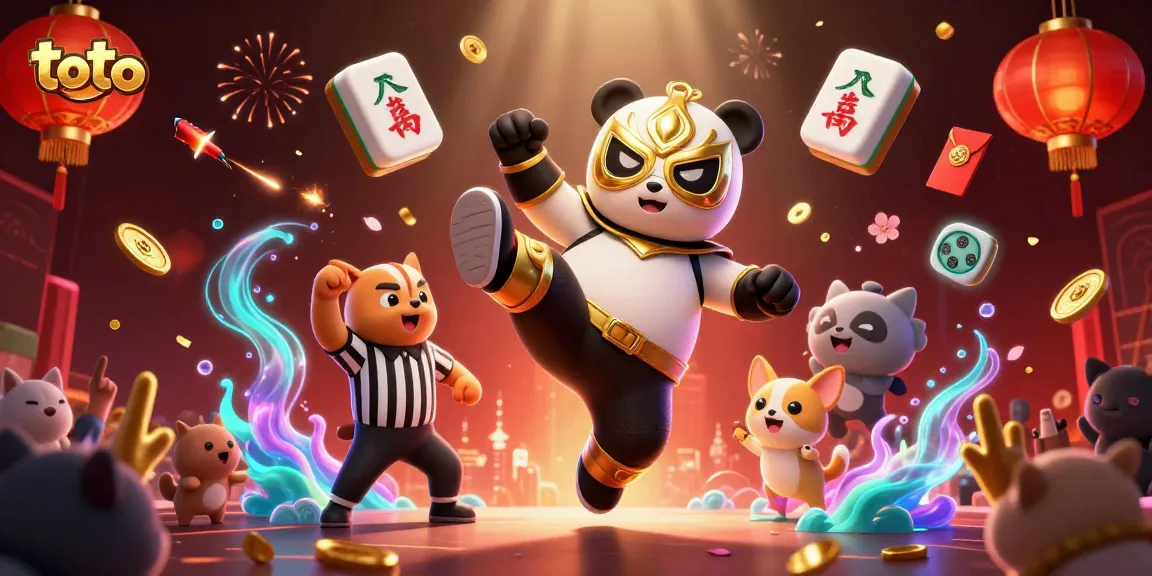 Slot toto menarik dengan panda pegulat, petunjuk wasit, dan penonton hewan kecil yang meriah.