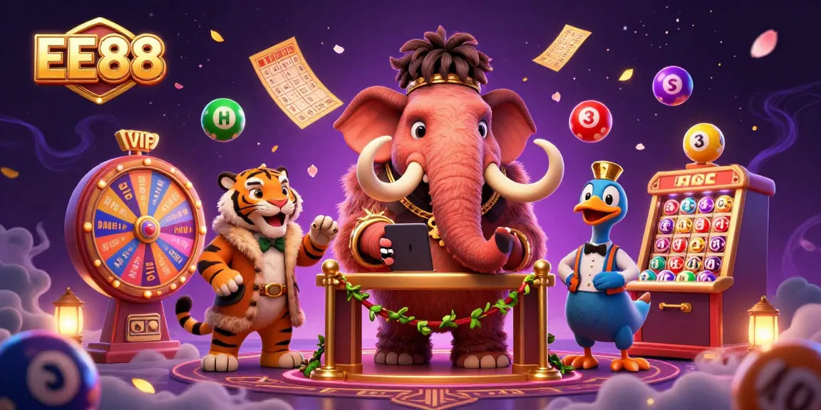Engage with EE88's vibrant lottery scene, featuring dynamic elements like bouncing balls and a festive atmosphere.