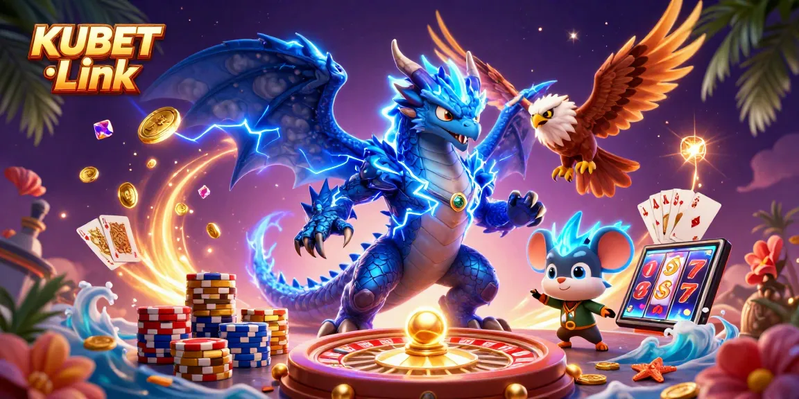 Experience thrilling gambling action with KUBET Link featuring dynamic dragons, coins, poker chips, and roulette.